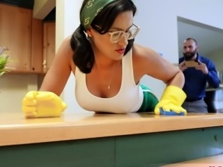 Busty MILF maid waxing her dirty landlords big dick