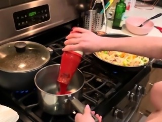Young amateur housewife with big boobs loves to cook naked