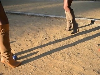 2 sluts playing with ball game: bootfetish &amp;amp; upskirt