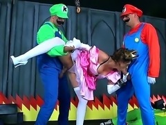 Girl with stockings is going to get fucked by not one but two Super Marios...