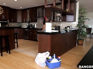 Huge ass Latina is cleaning a room