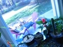 Cheating girl sucks while boyfriend relax outside