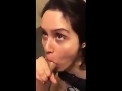 Brunette slut gives blowjob and gets cummed on her lips