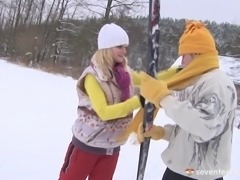 Ski bunny heads back to the house for passionate sex with her man