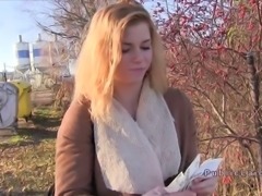 Czech amateur blonde bangs in bushies in public