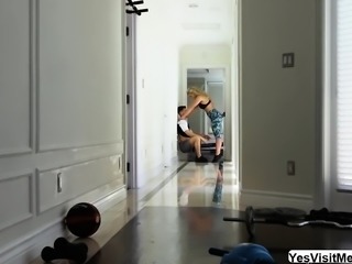 MILF sucks muscular dude cock in the gym