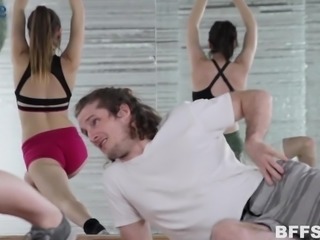 Lewd yoga instructor Victoria Gracen watches the way two bitches are nailed